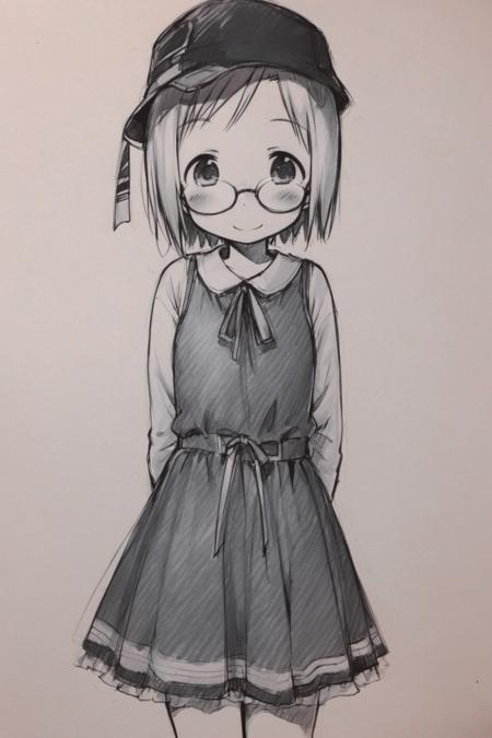 25819-1970902780-Matsuri Sakuragi, 1girl, solo, monochrome, glasses, greyscale, hat, short hair, smile, sketch, arms behind back, blush, traditio.png